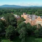 Aerial photo of campus, with the mountains in the background